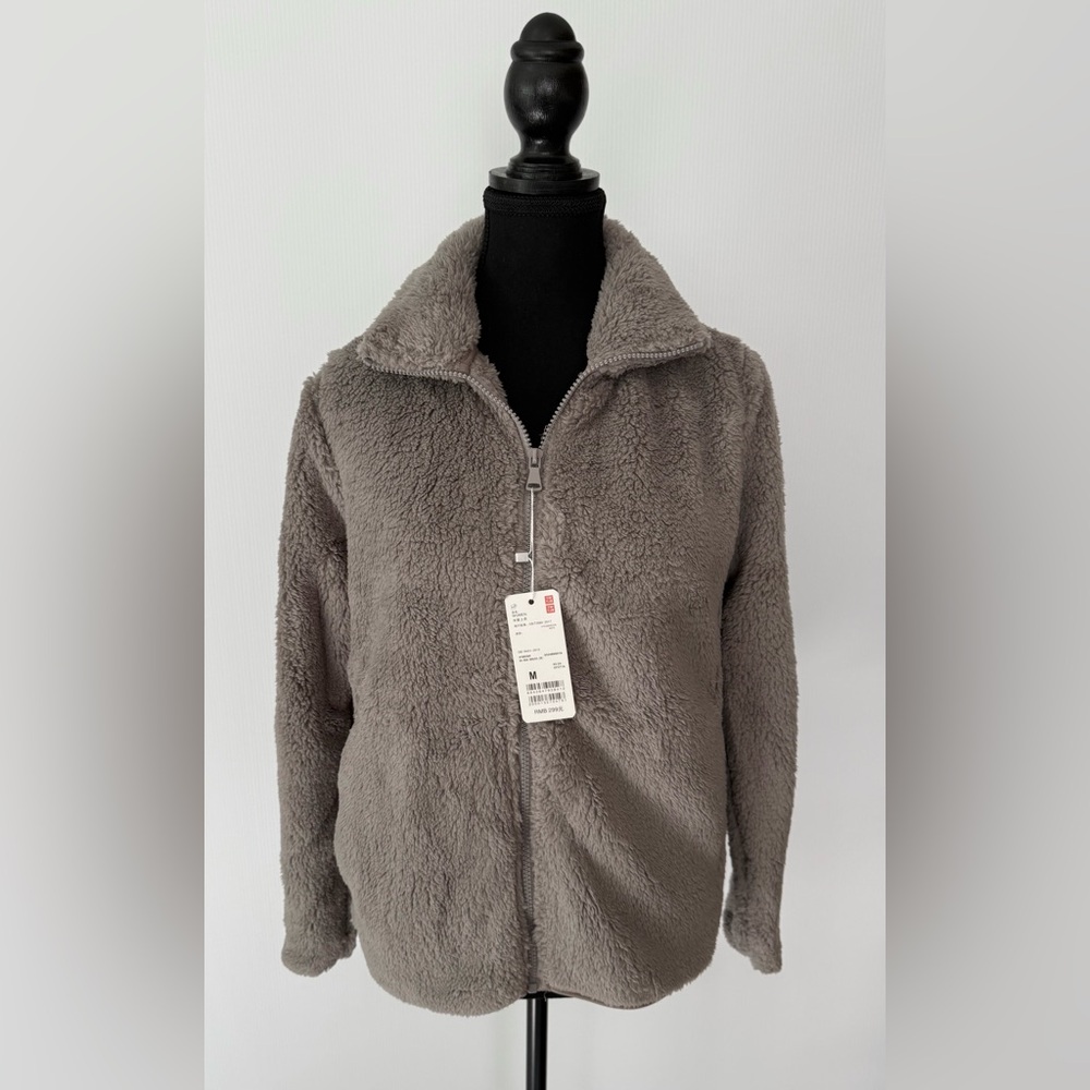 Fluffy Fleece Full-Zip Jacket with Pockets Gray Women's Size Medium New with Tag